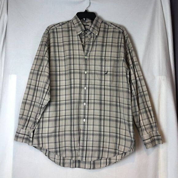Nautica Men’s Button Down Long Sleeve Collared Shirt Size L Tan/Blue Plaid    LL - Picture 1 of 5